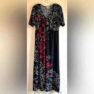 Haani Black Red Floral Drawstring Waist Modest Church Petite Maxi Dress Sz PXL
